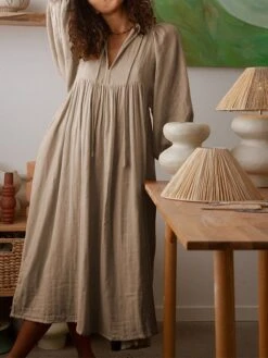 Women's Shirt Dress Casual Dress Midi Dress Outdoor Daily Date Cotton Basic Classic V Neck Ruched Long Sleeve Fall Winter 2023 Loose Fit Black Green Apricot Pure Color S M L XL -Casual Print Dress Sales vugias1695096320449