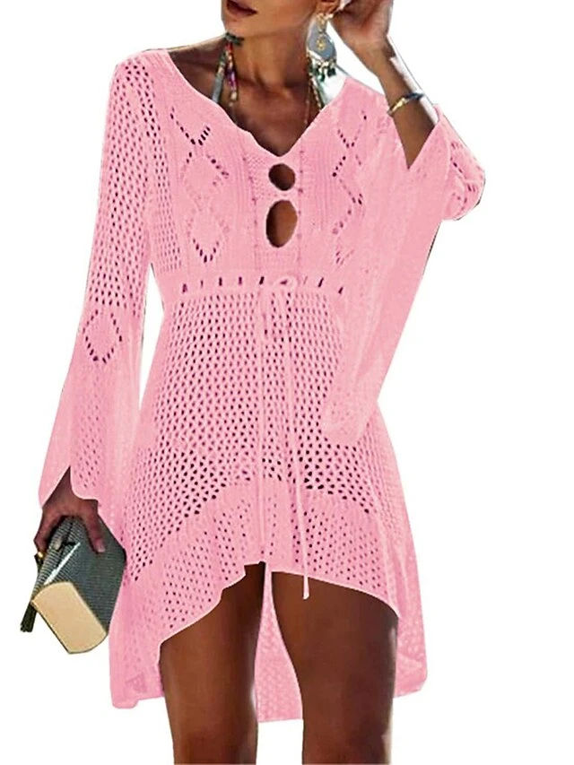 Women's Swimwear Cover Up Beach Dress Normal Swimsuit Oversized Crochet Hole Solid Color Wine Red Lake Green Black White Light Pink Bathing Suits Sports Vacation Sports 2 Women's Swimwear Cover Up Beach Dress Normal Swimsuit Oversized Crochet Hole Solid Color Wine Red Lake Green Black White Light Pink Bathing Suits Sports Vacation Sports - Image 2