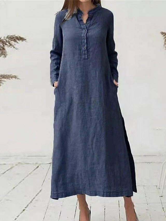 Women's Shirt Dress Casual Dress Shift Dress Maxi Long Dress Outdoor Daily Vacation Cotton And Linen Basic Classic Stand Collar Button Pocket Long Sleeve Fall Winter 2023 Loose Fit Black Wine Navy 1 Women's Shirt Dress Casual Dress Shift Dress Maxi Long Dress Outdoor Daily Vacation Cotton And Linen Basic Classic Stand Collar Button Pocket Long Sleeve Fall Winter 2023 Loose Fit Black Wine Navy