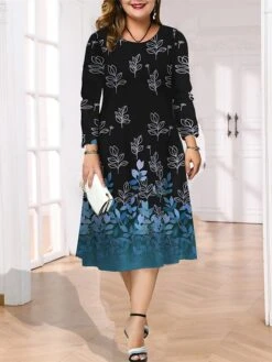 Women's Plus Size Curve Casual Dress Skater Dress A Line Dress Leaf Gradient Midi Dress Long Sleeve Print Crew Neck Fashion Outdoor Deep Purple Deep Green Fall Winter L XL XXL 3XL 4XL -Casual Print Dress Sales vvhxjr1695713741327