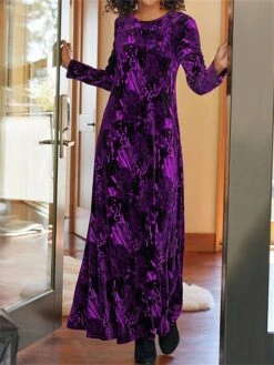 Women's Casual Dress Velvet Dress Winter Dress Floral Pocket Print Crew Neck Long Dress Maxi Dress Fashion Streetwear Outdoor Daily Long Sleeve Loose Fit Yellow Wine Blue Fall Winter S M L XL XXL -Casual Print Dress Sales vvmrim1695897154213