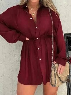 Women's Shirt Dress Casual Dress Mini Dress Outdoor Daily Date Polyester Fashion Casual Shirt Collar Lace Up Button Long Sleeve Fall Winter 2023 Loose Fit ArmyGreen Black Wine Pure Color S M L XL 2XL -Casual Print Dress Sales vvzeec1695644797575