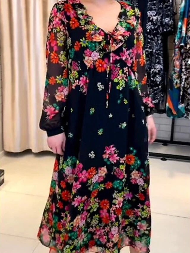 Women's Casual Dress Print Dress Spring Dress Floral Lace Up Print V Neck Midi Dress Fashion Elegant Outdoor Street Long Sleeve Loose Fit Black Spring Fall M L XL XXL 3XL 3 Women's Casual Dress Print Dress Spring Dress Floral Lace Up Print V Neck Midi Dress Fashion Elegant Outdoor Street Long Sleeve Loose Fit Black Spring Fall M L XL XXL 3XL - Image 3