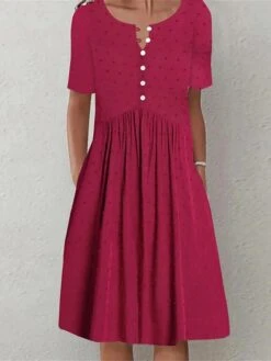 Women's Casual Dress Summer Dress Midi Dress Button Pocket Outdoor Daily Date Fashion Basic Crew Neck Short Sleeve 2023 Regular Fit Red Color S M L XL XXL Size