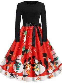 Women's Christmas Knee Length Dress Blue Purple Wine Gray Green Black Red Light Blue Long Sleeve Print Bow Print Fall Winter Round Neck Casual Vintage2021 S M L XL XXL -Casual Print Dress Sales vwfoyr1629971945475