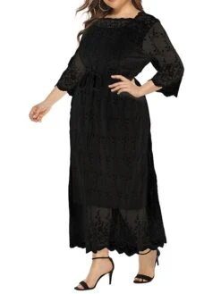 Women‘s Plus Size Curve Prom Dress Party Dress Lace Dress Long Dress Maxi Dress Black 3/4 Length Sleeve Pure Color Lace Summer Spring Fall Square Neck Fashion Winter Dress Birthday Evening -Casual Print Dress Sales vwgubc1691399450600