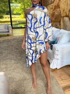 Women's Casual Dress Sheath Dress Midi Dress Leopard Black Starry Sky Dark Blue Chain 3/4 Length Sleeve Print Print Summer Spring One Shoulder Fashion Party 2023 S M L XL XXL XXXL