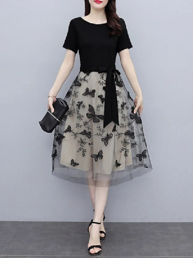 Women‘s Casual Dress Midi Dress Black Short Sleeve Butterfly Layered Spring Summer Crew Neck Active Party 2023 M L XL XXL XXXL 4 Women‘s Casual Dress Midi Dress Black Short Sleeve Butterfly Layered Spring Summer Crew Neck Active Party 2023 M L XL XXL XXXL - Image 4