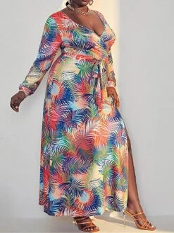 Women's Plus Size Curve Casual Dress Swing Dress A Line Dress Feather Long Dress Maxi Dress Long Sleeve Lace Up Split V Neck Fashion Outdoor Yellow Fall Winter XL XXL 3XL 4XL 5XL -Casual Print Dress Sales vxozed1694151475086