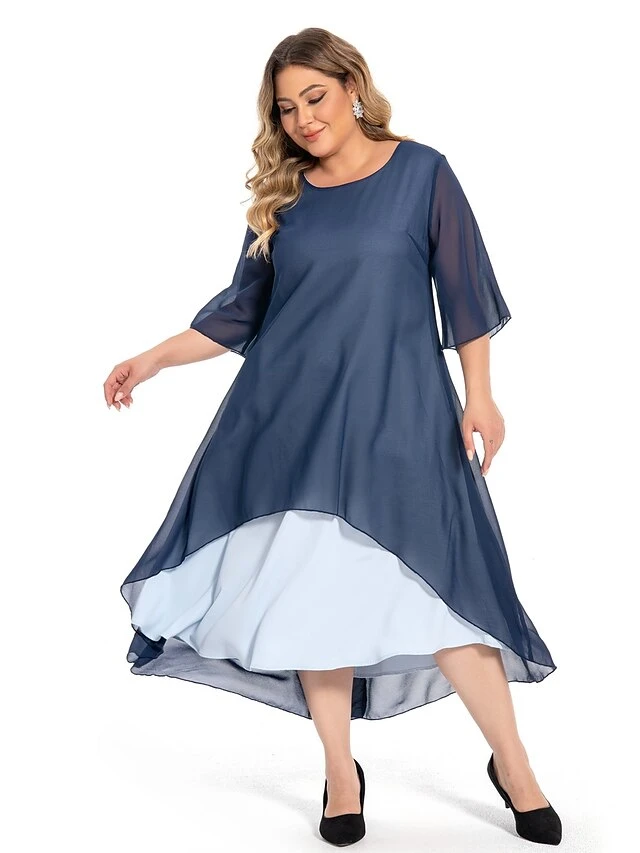 Women‘s Plus Size Curve Casual Dress Work Dress Chiffon Dress Plain Long Dress Maxi Dress Half Sleeve Layered Plus High Low Crew Neck Elegant Outdoor Blue Summer Spring L XL XXL 3XL 4XL 2 Women‘s Plus Size Curve Casual Dress Work Dress Chiffon Dress Plain Long Dress Maxi Dress Half Sleeve Layered Plus High Low Crew Neck Elegant Outdoor Blue Summer Spring L XL XXL 3XL 4XL - Image 2