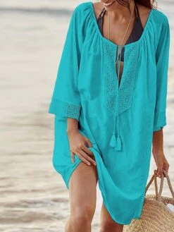 Women's Swimwear Cover Up Beach Dress Normal Swimsuit Lace Up UV Protection Modest Swimwear Pure Color Light Blue Black White Blue Scoop Neck Bathing Suits New Vacation Stylish -Casual Print Dress Sales vxtmow1645522755868
