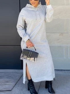 Women's Casual Dress Hoodie Dress Shift Dress Midi Dress Split Daily Date Vacation Active Fashion Hooded Long Sleeve 2023 Loose Fit Gray Color S M L XL Size