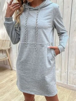 Women's Casual Dress Hoodie Dress Mini Dress Fashion Daily Outdoor Vacation Going Out V Neck Pocket Solid Color Striped Loose Fit Gray S M L XL -Casual Print Dress Sales vyaszm1692165842862