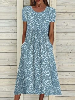 Women's Casual Dress Floral Dress Summer Dress Floral Ditsy Floral Pocket Print Crew Neck Midi Dress Fashion Streetwear Outdoor Daily Short Sleeve Loose Fit Navy Blue Royal Blue Blue Summer Spring S