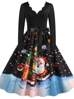 Women's Christmas Party Dress Knee Length Dress Purple Royal Blue Dark Blue Red Black Long Sleeve Elk Tree Bell Bow Print Fall Winter V Neck Vintage Elegant Party 2022