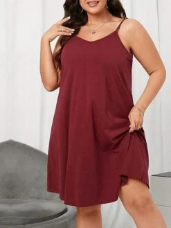 Women's Plus Size T Shirt Dress Casual Dress Shift Dress Plain Backless V Neck Mini Dress Fashion Streetwear Outdoor Street Sleeveless Loose Fit Wine Summer Spring XL XXL 3XL