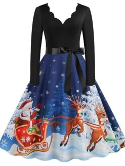 Women's Christmas Casual Dress Swing Dress Midi Dress Blue Purple Royal Blue Light Blue White Long Sleeve Santa Claus Elk Tree Bow Print Winter Fall V Neck Vacation Vintage 2022 S M L XL -Casual Print Dress Sales vzezkx1666927317986