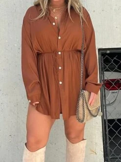 Women's Shirt Dress Casual Dress Mini Dress Outdoor Daily Date Polyester Fashion Casual Shirt Collar Lace Up Button Long Sleeve Fall Winter 2023 Loose Fit ArmyGreen Black Wine Pure Color S M L XL 2XL -Casual Print Dress Sales vzpixl1695644800907