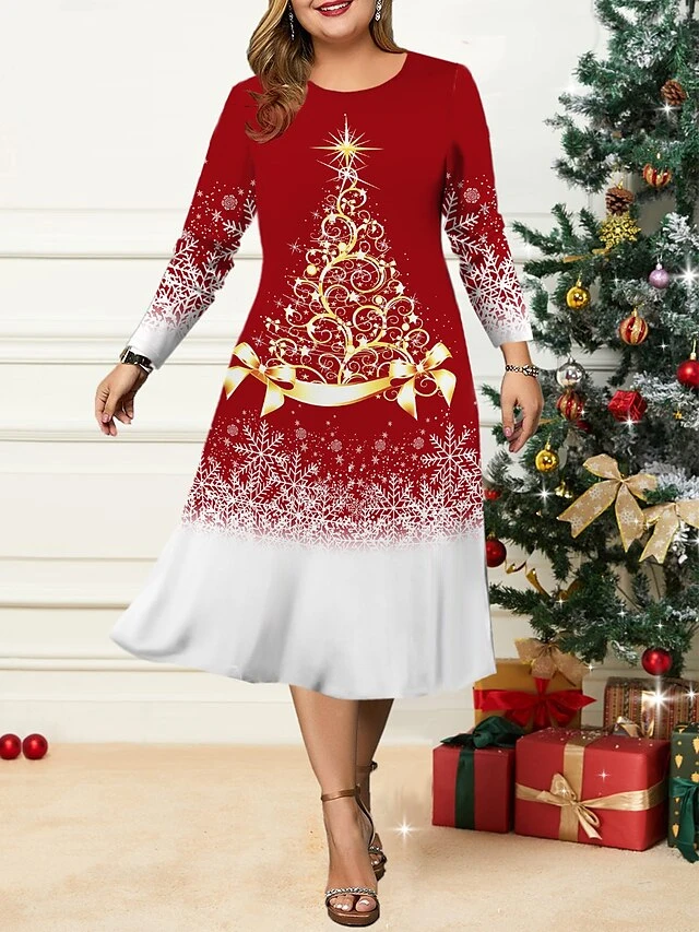 Women's Christmas Plus Size Curve Casual Dress Skater Dress A Line Dress Christmas Tree Snowflake Midi Dress Long Sleeve Print Crew Neck Fashion Outdoor Yellow Wine Fall Winter L XL XXL 3XL 4XL 1 Women's Christmas Plus Size Curve Casual Dress Skater Dress A Line Dress Christmas Tree Snowflake Midi Dress Long Sleeve Print Crew Neck Fashion Outdoor Yellow Wine Fall Winter L XL XXL 3XL 4XL