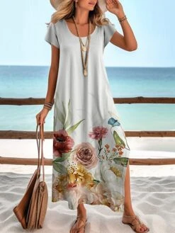 Women's Casual Dress Summer Dress Print Dress Floral Ombre Split Print Crew Neck Long Dress Maxi Dress Active Fashion Outdoor Daily Short Sleeve Regular Fit White Blue Purple Summer Spring S M L XL