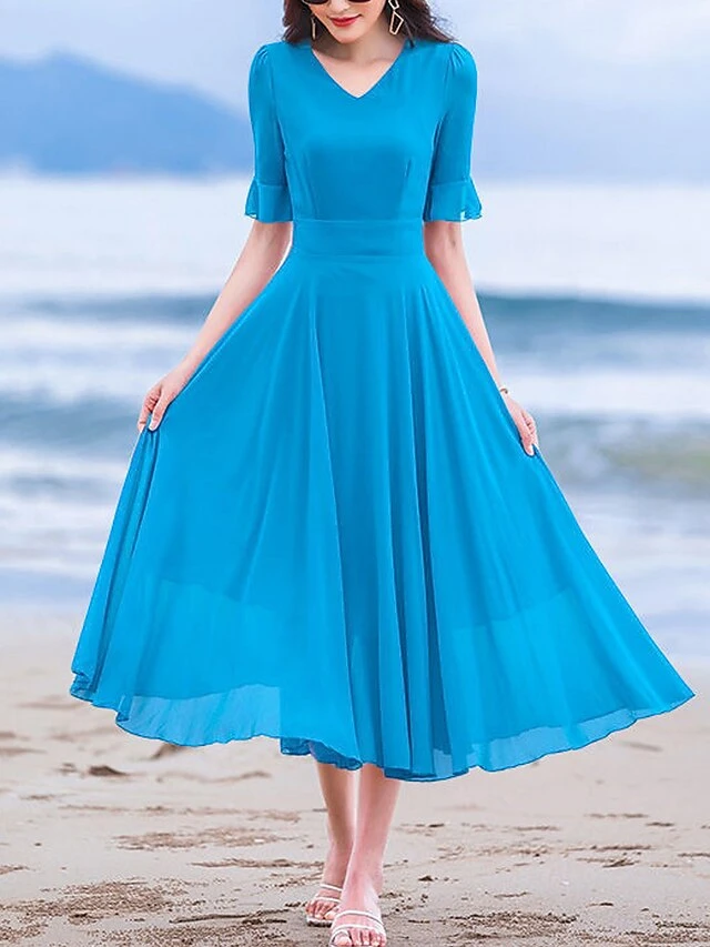 Women's Casual Dress Chiffon Dress Sundress Plain Ruched V Neck Midi Dress Active Fashion Outdoor Daily Short Sleeve Regular Fit White Wine Red Summer Spring S M L XL XXL 7 Women's Casual Dress Chiffon Dress Sundress Plain Ruched V Neck Midi Dress Active Fashion Outdoor Daily Short Sleeve Regular Fit White Wine Red Summer Spring S M L XL XXL - Image 7