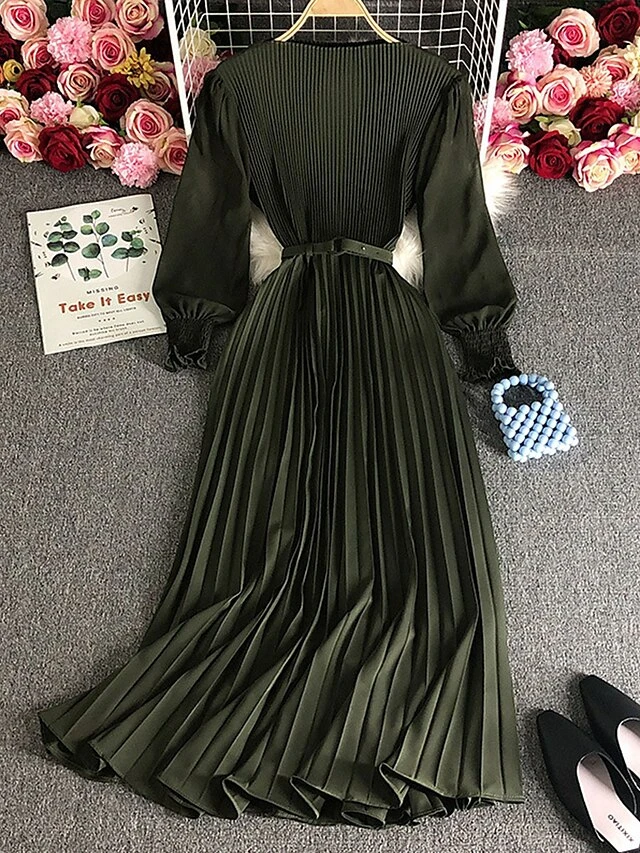 Women's Casual Dress Plain Dress Spring Dress Midi Dress Ruched Pleated Work Street Daily Fashion Streetwear Crew Neck Long Sleeve 2023 Loose Fit Black Pink Wine Color M Size 3 Women's Casual Dress Plain Dress Spring Dress Midi Dress Ruched Pleated Work Street Daily Fashion Streetwear Crew Neck Long Sleeve 2023 Loose Fit Black Pink Wine Color M Size - Image 3