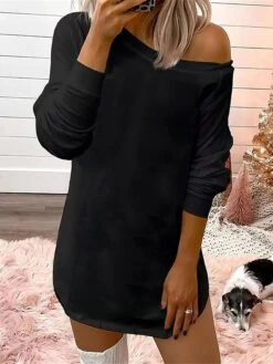 Women's Casual Dress Sweatshirt Dress Winter Dress Mini Dress Cold Shoulder Outdoor Street Daily Fashion Streetwear One Shoulder Long Sleeve 2023 Loose Fit Black Pink Color S M L XL Size -Casual Print Dress Sales waujhy1693987657275