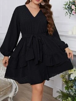 Women's Plus Size Party Dress Cocktail Dress Swing Dress Mini Dress Black Long Sleeve Pure Color Lace Up Spring Fall Winter V Neck Fashion Winter Dress Birthday Wedding Guest 2023 XL XXL 3XL 4XL