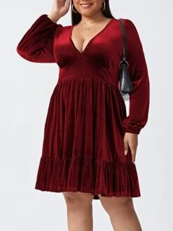 Women‘s Plus Size Curve Party Dress Velvet Dress Cocktail Dress Mini Dress Black Wine Royal Blue Long Sleeve Pure Color Ruched Spring Fall Winter V Neck Fashion Birthday Wedding Guest Vacation 2023 -Casual Print Dress Sales wbhiev1692176734401