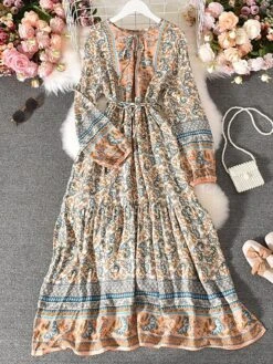 Women's Casual Dress Winter Dress Ethnic Dress Floral Tribal Lace Up Ruched Crew Neck Puff Sleeve Midi Dress Fashion Ethnic Outdoor Christmas Long Sleeve Loose Fit Red Khaki Dark Blue Fall Winter