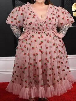 Women‘s Plus Size Curve Party Dress Swing Dress A Line Dress Strawberry Long Dress Maxi Dress Half Sleeve Mesh Patchwork V Neck Fashion Party Pink Spring Summer L XL XXL 3XL 4XL