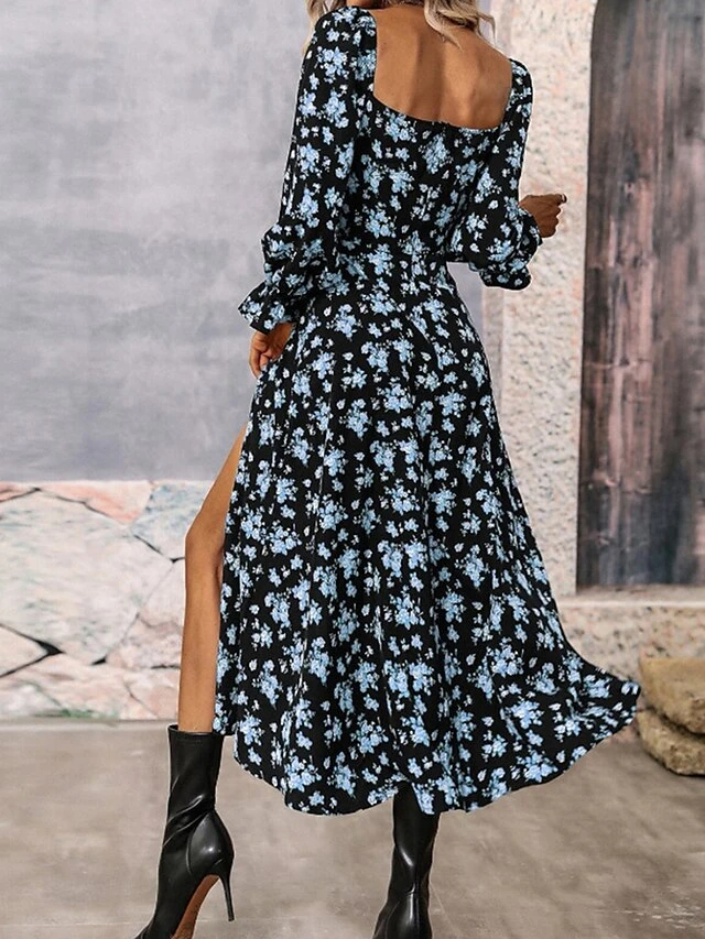 Women's Long Dress Maxi Dress Casual Dress Floral Dress Floral Casual Daily Holiday Vacation Split Print Long Sleeve Square Neck Dress Regular Fit White Blue Purple Summer Spring S M L XL 9 Women's Long Dress Maxi Dress Casual Dress Floral Dress Floral Casual Daily Holiday Vacation Split Print Long Sleeve Square Neck Dress Regular Fit White Blue Purple Summer Spring S M L XL - Image 9