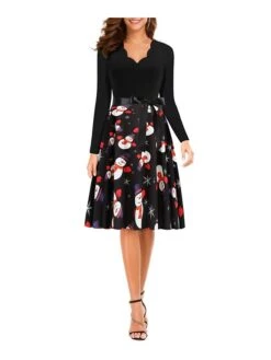 Women's Christmas Knee Length Dress Black Long Sleeve Print Print Winter V Neck Active3D Print S M L XL XXL XXXL