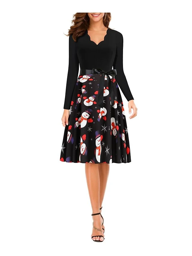 Women's Christmas Knee Length Dress Black Long Sleeve Print Print Winter V Neck Active3D Print S M L XL XXL XXXL 1 Women's Christmas Knee Length Dress Black Long Sleeve Print Print Winter V Neck Active3D Print S M L XL XXL XXXL