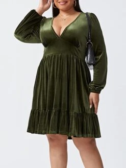 Women‘s Plus Size Curve Party Dress Velvet Dress Cocktail Dress Mini Dress Black Wine Royal Blue Long Sleeve Pure Color Ruched Spring Fall Winter V Neck Fashion Birthday Wedding Guest Vacation 2023 -Casual Print Dress Sales wdwbid1692176732072