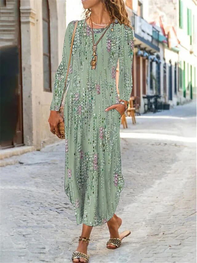 Women's Casual Dress Print Dress Spring Dress Floral Ditsy Floral Pocket Split Crew Neck Long Dress Maxi Dress Fashion Streetwear Outdoor Daily Long Sleeve Regular Fit White Light Green Pink Summer 2 Women's Casual Dress Print Dress Spring Dress Floral Ditsy Floral Pocket Split Crew Neck Long Dress Maxi Dress Fashion Streetwear Outdoor Daily Long Sleeve Regular Fit White Light Green Pink Summer - Image 2