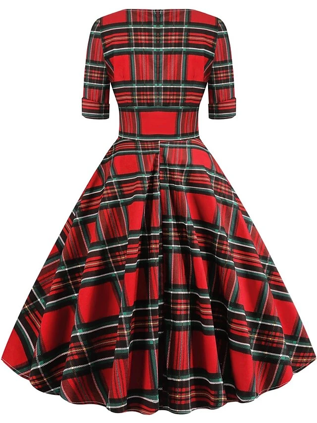 Women's Christmas Swing Dress Midi Dress Black Blue Red Short Sleeve Plaid Print Winter Fall Autumn V Neck 2022 S M L XL 2XL 5 Women's Christmas Swing Dress Midi Dress Black Blue Red Short Sleeve Plaid Print Winter Fall Autumn V Neck 2022 S M L XL 2XL - Image 5