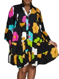 Women's Shirt Dress Casual Dress Mini Dress Outdoor Daily Polyester Basic Classic V Neck Button Print 3/4 Length Sleeve Spring Fall Winter 2023 Loose Fit Black White Green Flower S M L XL 2XL