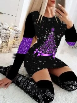Women's Christmas Casual Dress Bodycon Sheath Dress Mini Dress Green Blue Purple Long Sleeve Christmas Tree Print Winter Fall Autumn Crew Neck Fashion Christmas Daily 2022 S M L XL XXL 3XL 4XL 5XL 6XL -Casual Print Dress Sales weumgg1667541622802