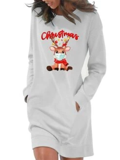 Women's Christmas Hoodie Dress Winter Dress Light Blue Grey White Long Sleeve Letter Elk Pocket Print Winter Fall Crew Neck Stylish Casual Fall Dress Loose Fit 2022 S M L XL 2XL / Cotton -Casual Print Dress Sales wewhed1666175697648