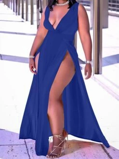 Women‘s Plus Size Curve Holiday Dress Solid Color V Neck Ruched Sleeveless Spring Summer Prom Dress Maxi Long Dress Daily Holiday Dress Split -Casual Print Dress Sales wexabn1641980955772