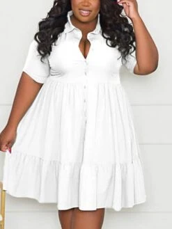 Women‘s Plus Size Curve Shirt Dress Solid Color Shirt Collar Ruffle Half Sleeve Spring Summer Casual Knee Length Dress Daily Holiday Dress -Casual Print Dress Sales wfamgr1656491040361