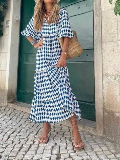 Women's Casual Dress Swing Dress Boho Dress Geometric Stripe Ruffle Print Split Neck Puff Sleeve Long Dress Maxi Dress Fashion Classic Outdoor Daily 3/4 Length Sleeve Loose Fit Pink Red Blue Summer -Casual Print Dress Sales wfjhac1689246817521