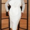 Women's Plus Size Curve Party Dress Lace Dress Bodycon Plain Midi Dress Long Sleeve Lace Bow Crew Neck Fashion Party White Fall Winter XL XXL 3XL 4XL
