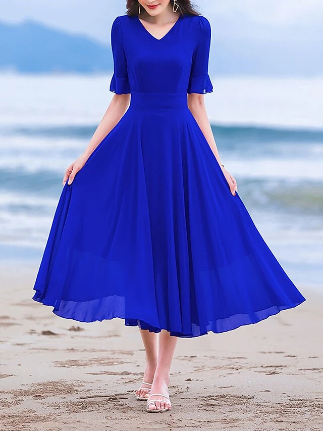 Women's Casual Dress Chiffon Dress Sundress Plain Ruched V Neck Midi Dress Active Fashion Outdoor Daily Short Sleeve Regular Fit White Wine Red Summer Spring S M L XL XXL 12 Women's Casual Dress Chiffon Dress Sundress Plain Ruched V Neck Midi Dress Active Fashion Outdoor Daily Short Sleeve Regular Fit White Wine Red Summer Spring S M L XL XXL - Image 12