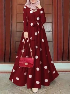 Women's Vintage Dress Kaftan Dress Polka Dot Dress Long Dress Maxi Dress Yellow Wine Navy Blue Long Sleeve Polka Dot Lace Up Spring Fall Winter Crew Neck Muslim Vacation Loose Fit 2023 S M L XL XXL -Casual Print Dress Sales wgjxjn1670928749069