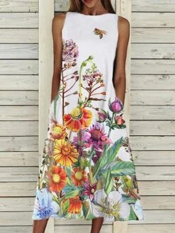 Casual Print Dress Sales 16 Women‘s A Line Dress Midi Dress Sleeveless Floral Pocket Cold Shoulder Print Spring Summer Round Neck Casual Vintage Going Out 2023 S M L XL XXL Cotton