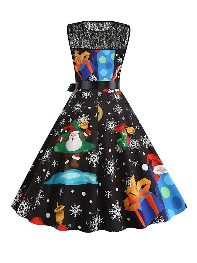 Women‘s Christmas Retro 1950s Vintage Dress Midi Dress Party Patchwork Bow Santa Claus Crew Neck Sleeveless Regular Fit Fall Winter 2023 Black White S M L XL 12 Women‘s Christmas Retro 1950s Vintage Dress Midi Dress Party Patchwork Bow Santa Claus Crew Neck Sleeveless Regular Fit Fall Winter 2023 Black White S M L XL - Image 12