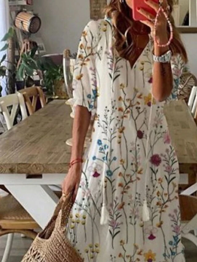 Women's Casual Dress Long Dress Maxi Dress White Short Sleeve Floral Ruched Summer Spring V Neck Stylish 2023 S M L XL 2XL 3XL 2 Women's Casual Dress Long Dress Maxi Dress White Short Sleeve Floral Ruched Summer Spring V Neck Stylish 2023 S M L XL 2XL 3XL - Image 2