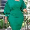 Women‘s Plus Size Curve Holiday Dress Solid Color V Neck Ruched Long Sleeve Fall Winter Work Knee Length Dress Work Weekend Dress